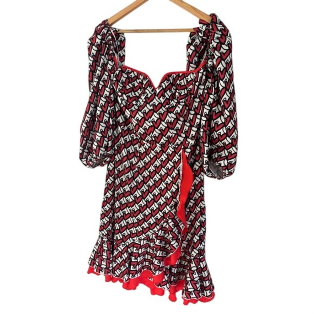 Red Heart Print Puff Sleeve Ruffle Mini Dress Sweetheart Neckline Pin Up